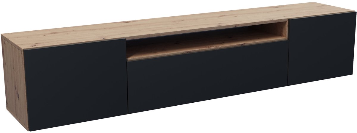 TV-kast Leo, woonwand, lowboard, tv-standaard, woonwand, woonkamer, tv-board, woonkamermeubels, televisie, highboard, TV-kast, tv-lowboard, 200 cm, 3 deuren, bruin, zwart