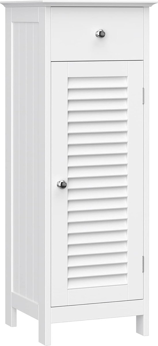 Furnstar Smalle Badkamerkast – Opbergkast met Lade en Lamellendeur – Scandinavische Stijl – 30 x 32 x 87 cm – Wit