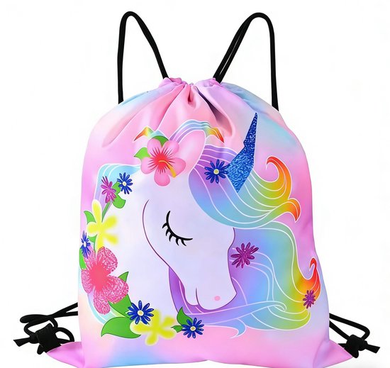 Roze gymtas met eenhoornkop, regenboogmanen en bloemenkrans.
