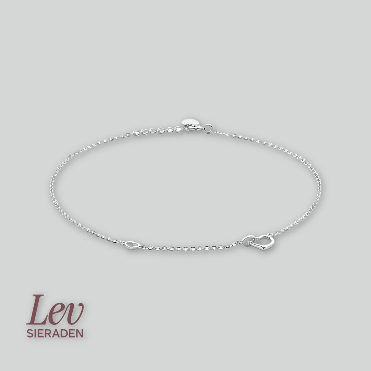 925 zilveren enkelband met hartjes - 24 + 2 cm - Gerhodineerd 925 zilveren enkelband - Lev Sieraden
