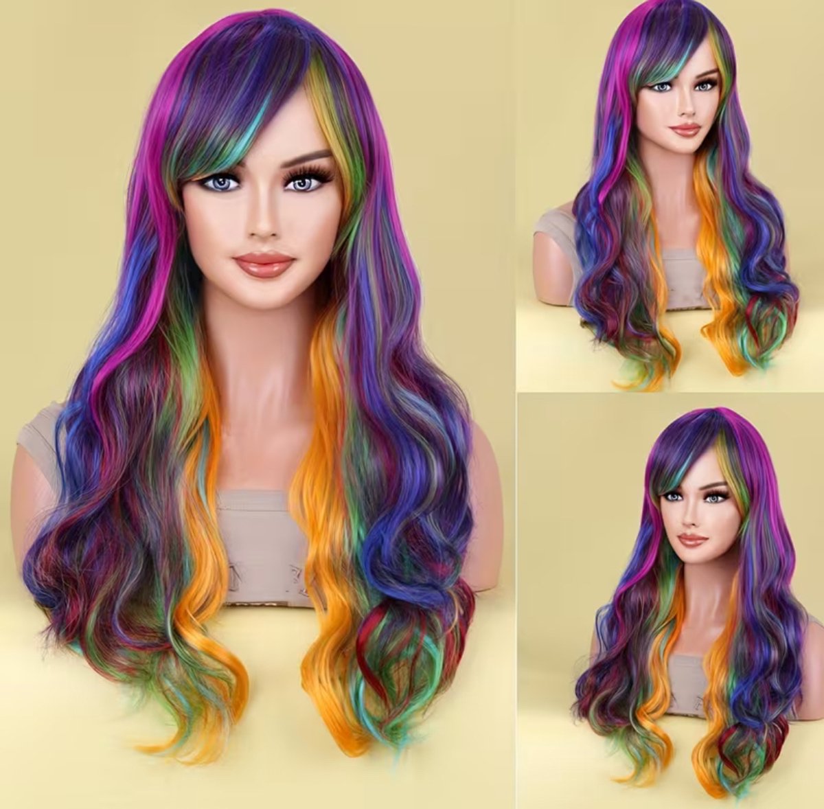 Luxe Paarse Regenboog Pruik – 66 cm – Multicolor Ombre – Cosplay & Carnaval