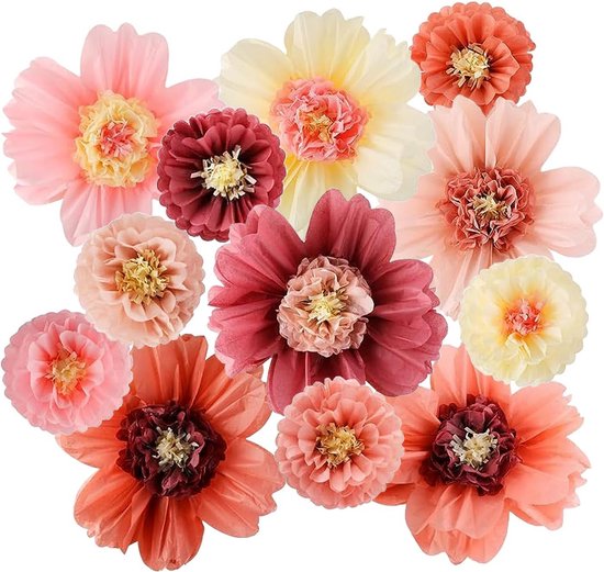 PATIKIL Zijden Papieren Pompons - 12 Stuks - 10.5 Cm Roze Tissue Bloemen - Met Linten - Voor Bruiloft, Verjaardag, Vrijgezellenfeest En Achtergronddecoratie