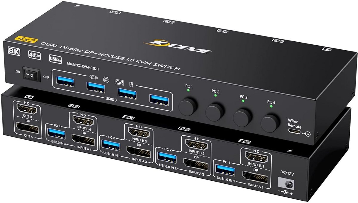 KVM Switch voor 4 PC's met 2 Monitoren - HDMI en DisplayPort tot 8K en 4K @144Hz - USB 3.0 Dual Monitor Switch met Afstandsbediening