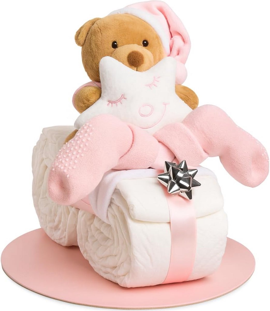 Luiertaart voor meisjes – Motorfiets met knuffeldier cadeau voor geboorte en doop – Handgemaakte luiertaart met luiers en wenskaart