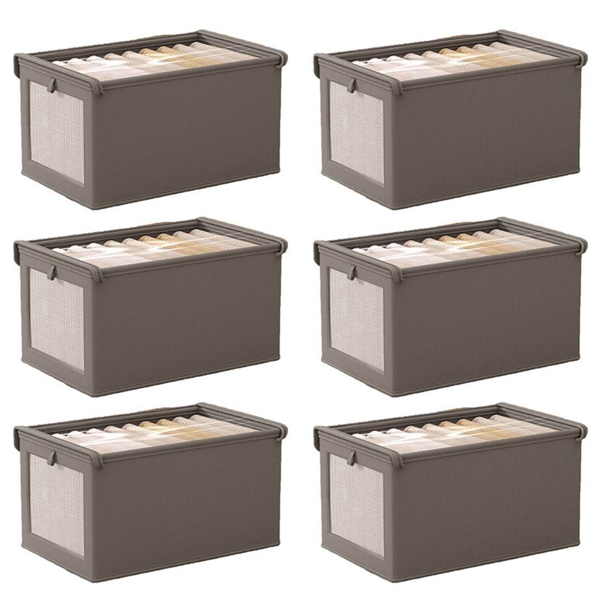 6 stuks Extra groot canvas opbergdozen met doorzichtig venster - opbergbakken voor kleding, jeans, boeken - kledingkast organisatie en opbergmanden - Grijs 47x30x25cm