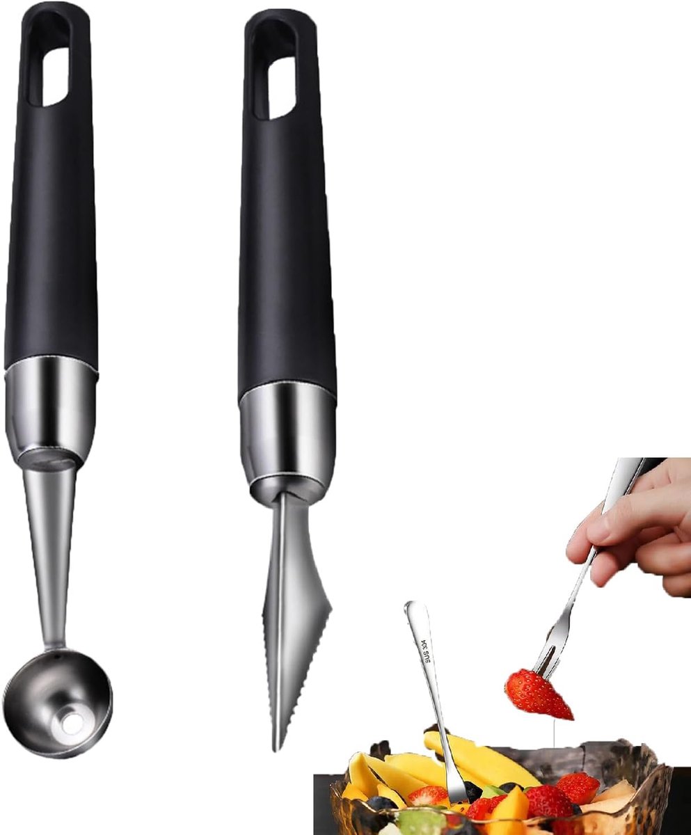 Daity 2-delige set - Fruitbollepelset - roestvrijstalen fruitmes - doe-het-zelf fruitbollepelvormig bord - gereedschap voor watermeloen- en cantaloupe-ijs