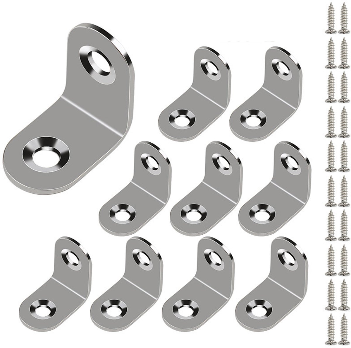10-delige haakse beugel, 25 mm x 25 mm roestvrijstalen L-vormige beugel met schroeven voor het bevestigen van houten meubels.