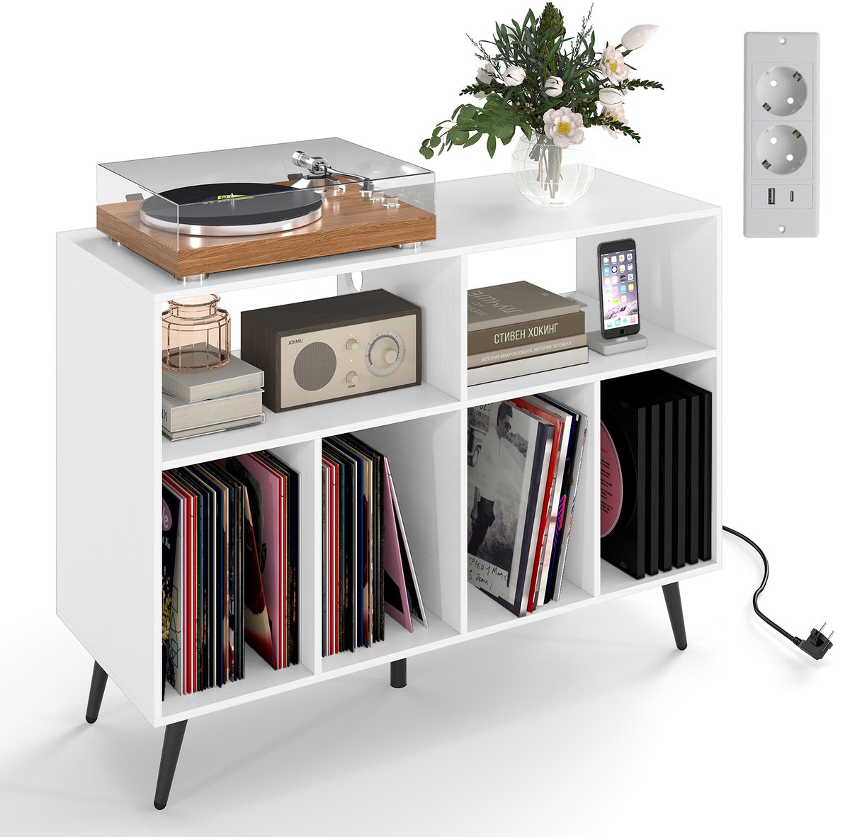 COSTWAY Draaitafel standaard met laadstation, draaitafel met vinyl opbergplanken, platenopbergtafel incl. 5 metalen poten, dressoir voor woonkamer, muziekkamer (wit)