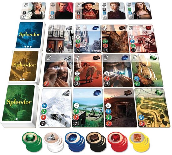 Opstelling van het bordspel Splendor met kaarten, fiches en edelstenen.