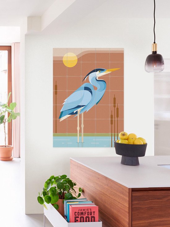 IXXI Héron bleu, Elke Uijtewaal - 80 x 100 cm - Système d'accrochage inclus - Grande décoration murale et affiche - Coloré, Illustrations, Design graphique