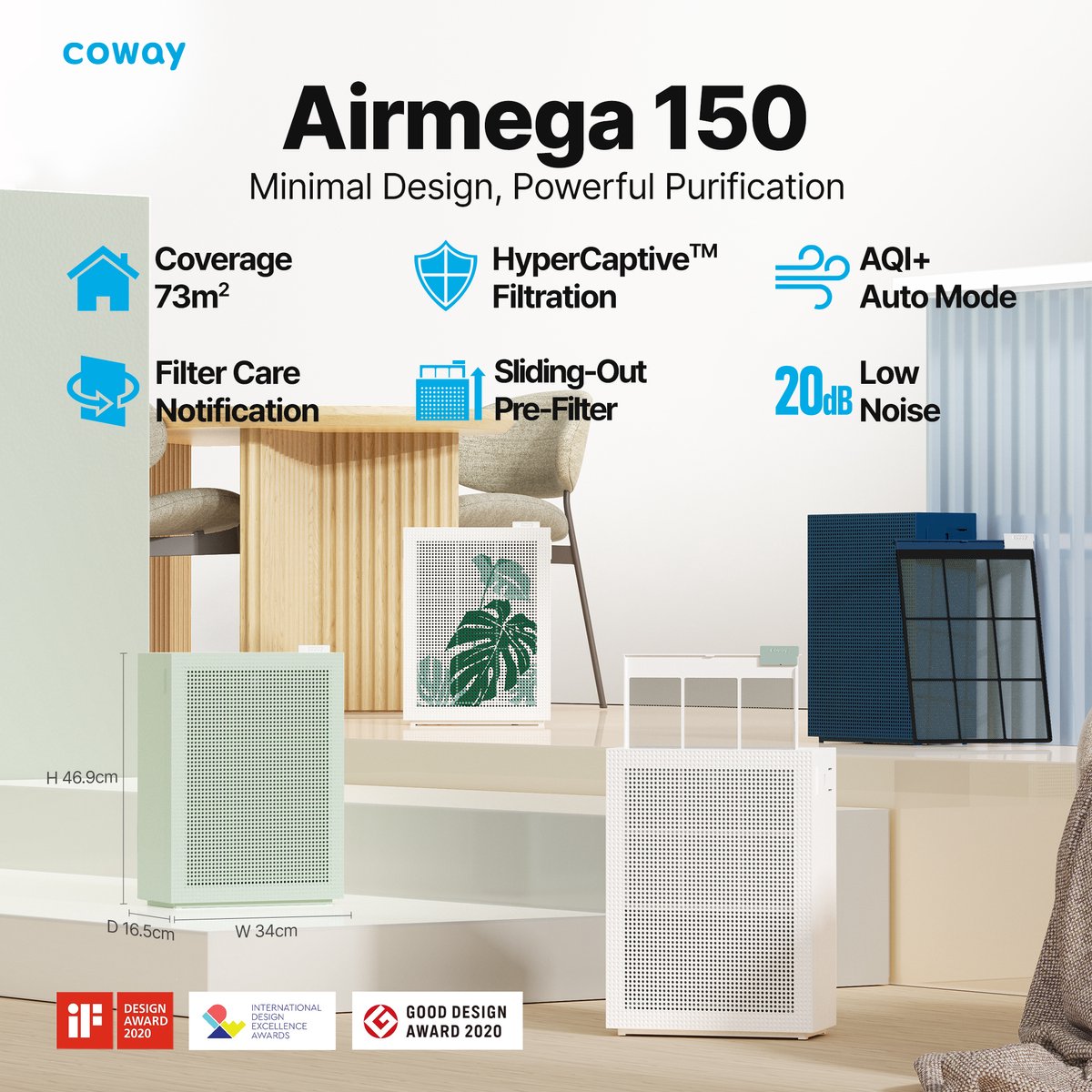Coway Airmega 150 Luchtreiniger - Air Purifier - 281 m³/u - Wasbaar pre-filter + HEPA filter + koolstoffilter - Verwijdert tot 99,97% van ultrafijne deeltjes - Tegen stof, pollen en allergenen - Fluisterstil (20 dB) - ECARF & Quiet Mark - Groen – foto 2