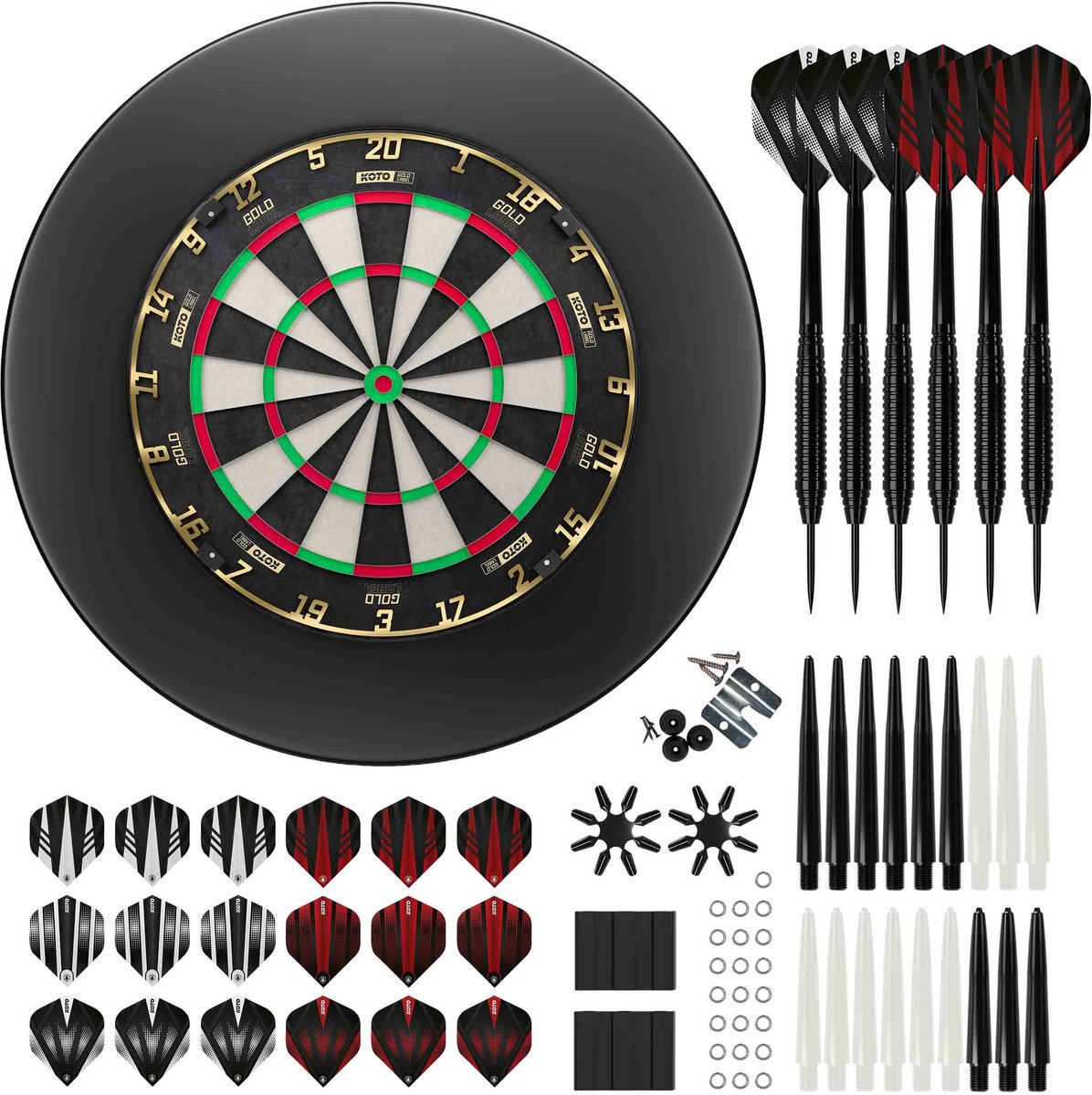 KOTO Gold Label + PU Surround + 2 Sets KOTO Dartpijlen - 90-Pieces - Dartset Zwart