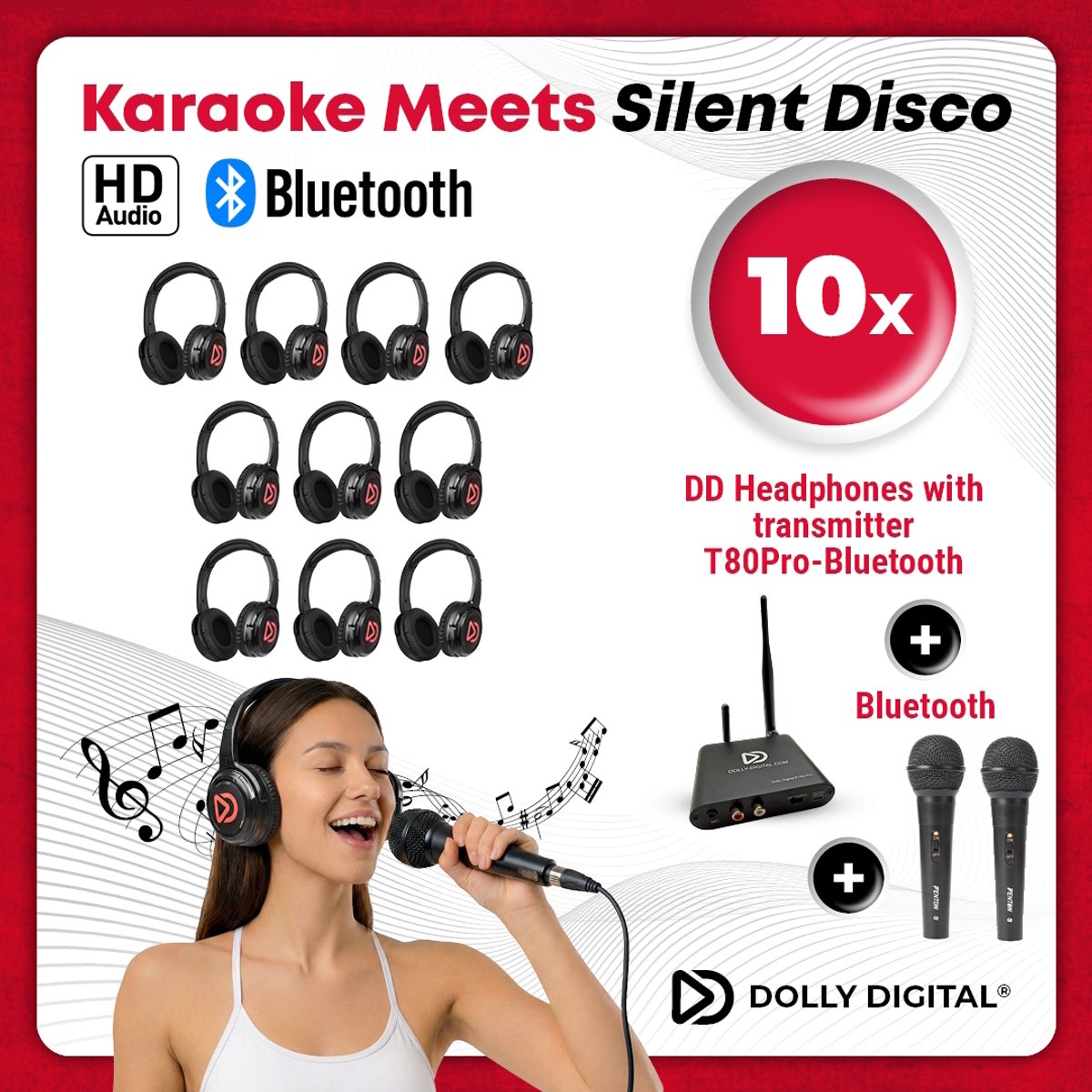 DUAL Karaoke Silent Disco set | 10 koptelefoons | 2 Microfoons | Bluetooth zender | Dolly Digital© original