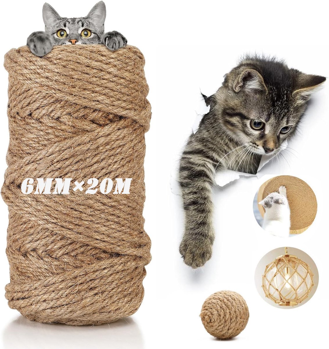 6 mm Natuurlijk Sisaltouw - 20M - voor kattenkrabpaal of - boom, dieren & decoratie,Huishoudelijke DIY Ambachten Decoratie