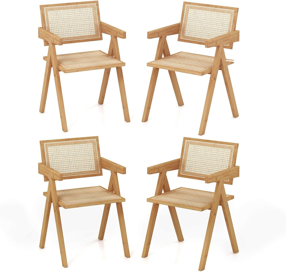 COSTWAY Set van 4 eetkamerstoelen, keukenstoelen van bamboe en gesimuleerde rotan, accentstoelen met rugleuning en armleuningen, rotan stoel voor keuken, woonkamer, eetkamer, 50 x 52 x 81 cm, naturel