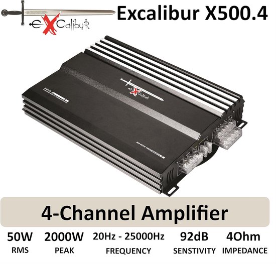 Zwarte 4-kanaals Excalibur X500.4 versterker met ribbels, logo en specificaties.