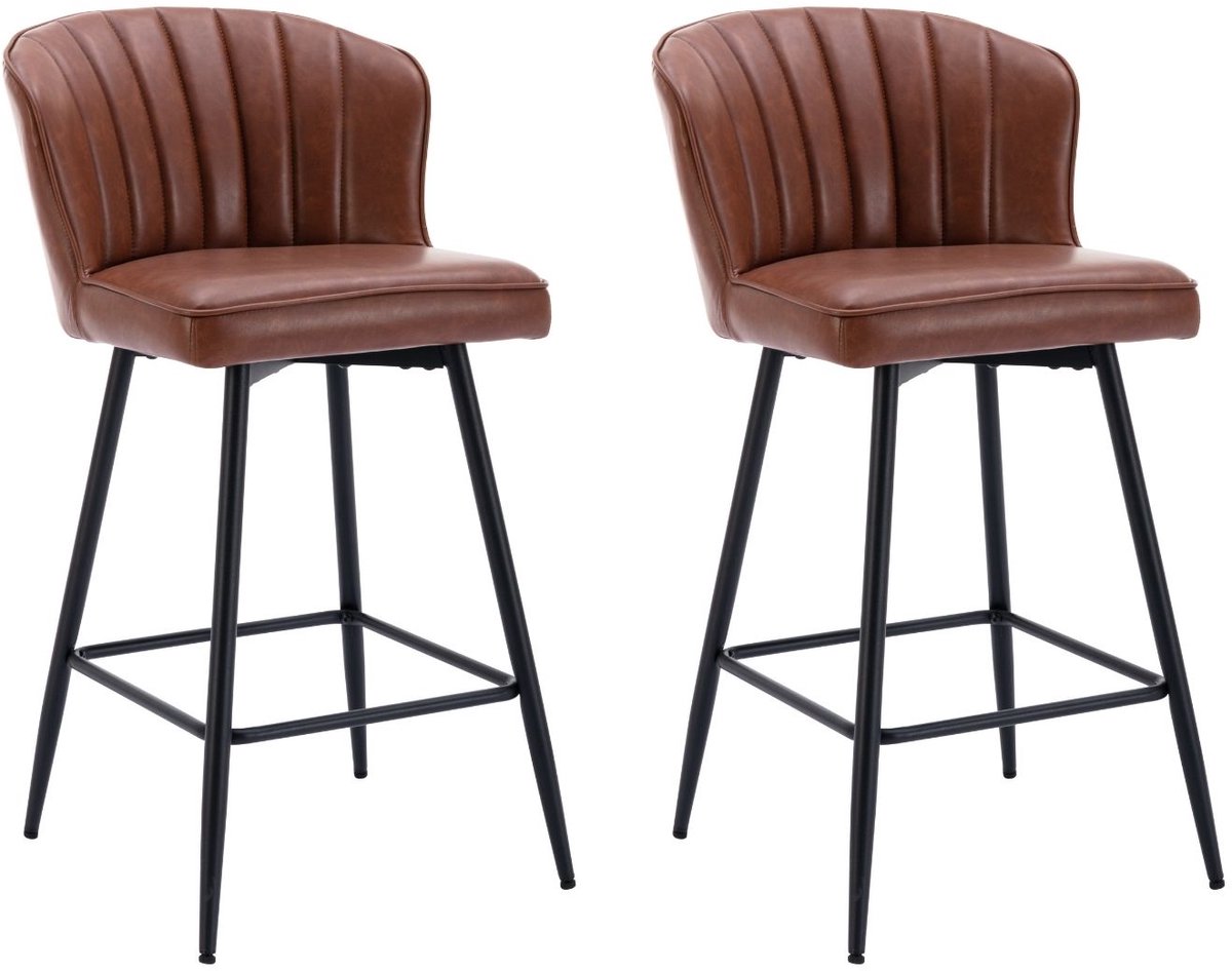 chairus Barkruk Set van 2 Barstoelen - Bruin - Kunstleer - Met Metalen Poten en Voetsteun - Gewatteerde zitting - Schelpvormige Rugleuning - Niet Draaibaar - Vaste Hoogte - Armloze Stoelen - Voor Keuken en Bar