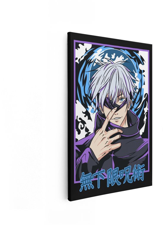 Canvas met anime figuur Satoru Gojo, witte haren, paarse kleding, blauw en zwart.