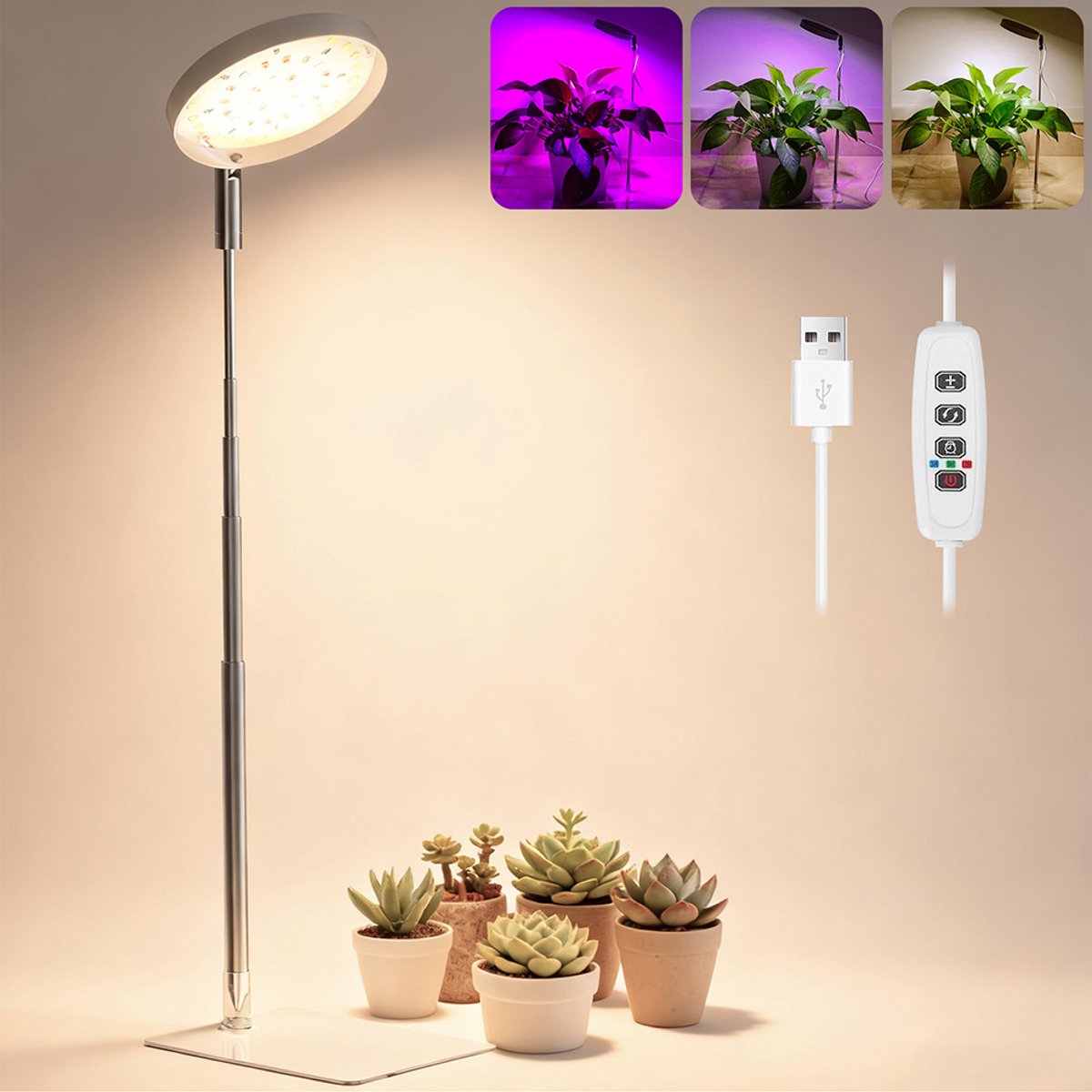 Rosnek LED Groeilamp met Basis en Full Spectrum - 48 Leds Dimbare Kweeklamp met Auto Aan/Uit Timer - Hoogte Verstelbaar - Groei en Bloei - voor Binnenplanten - Wit