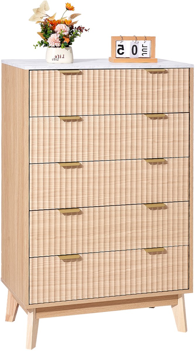 Vevor Ladekast met 5 Gecanneleerde Lades Houten Ladekast met Antislip- En Kantelbeveiliging Licht hout