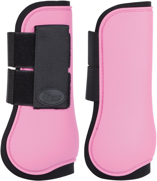 Roze peesbeschermers met klittenbandsluiting en zwarte rand.