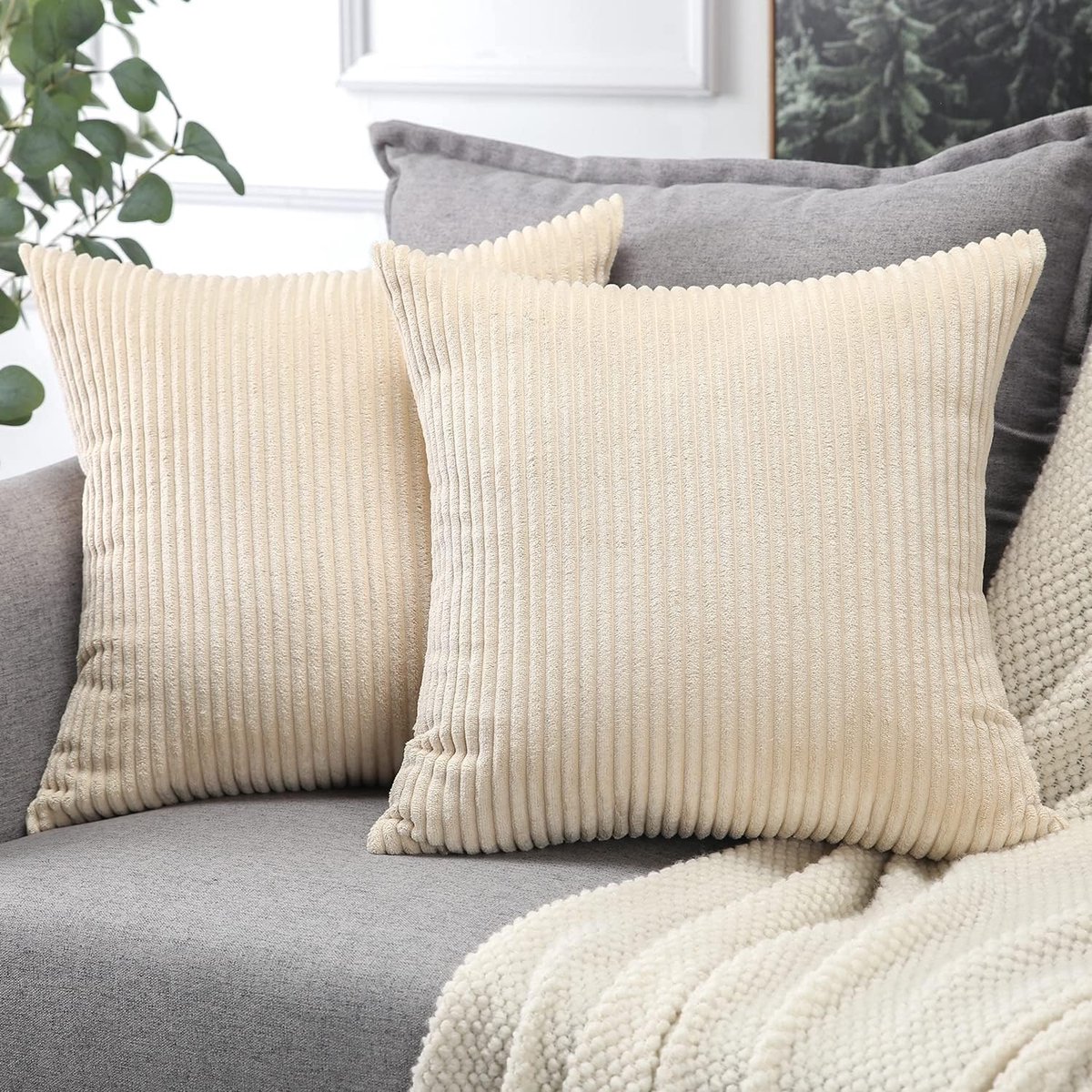 Famanu Set van 2 stuks ribfluwelen kussenhoezen zacht corduroy pluche 40 x 40 cm beige