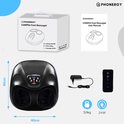 Zwart Phonergy Compex voetmassageapparaat met accessoires: adapter, afstandsbediening, gebruikershandleiding en doos.