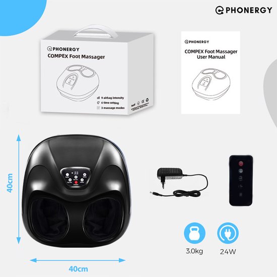 Zwart Phonergy Compex voetmassageapparaat met accessoires: adapter, afstandsbediening, gebruikershandleiding en doos.