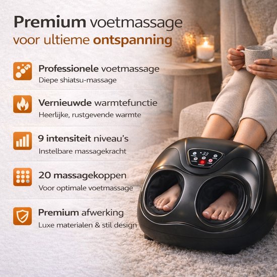 Zwart voetmassageapparaat met 20 shiatsu massagekoppen en warmtefunctie. Op een zacht tapijt.