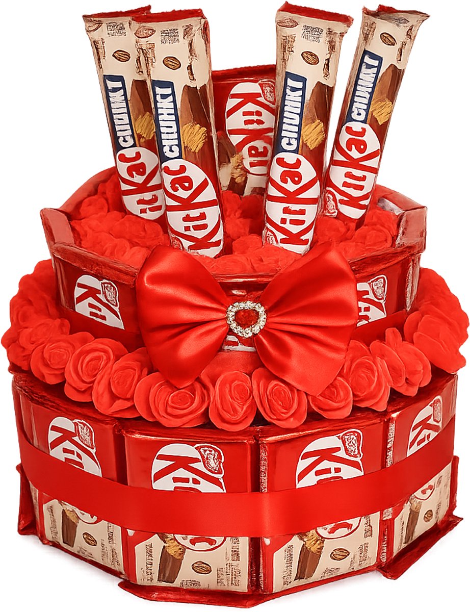 KitKat Chocoladecadeautaart – Luxe Rode Rozen & Strik – 2-Lagen