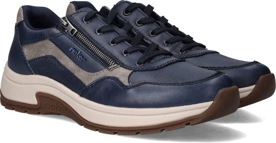 Paar blauwe leren sneakers met ritssluiting en grijze accenten.