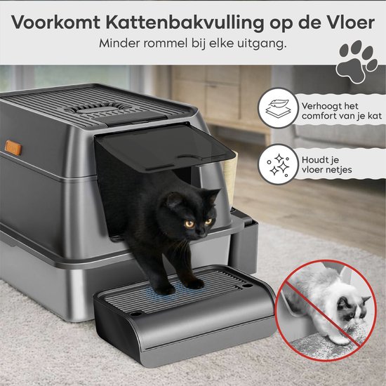 ADSafety Kattenbak RVS - Kattentoilet Roestvrijstaal - Incl. Kattenbakschep met Houder en Gritopvang Opstapje - 2 in 1 Open Kattenbak met Afneembare Deksel - 60x40x38cm - Donkergrijs