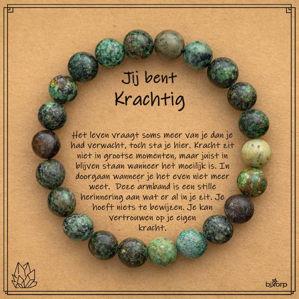 Bixorp Afrikaanse Turkoois Armband op Cadeau Kaartje - Jij bent Krachtig - 8mm / 22cm Edelsteen Kralenarmband - Inclusief Cadeau Envelop