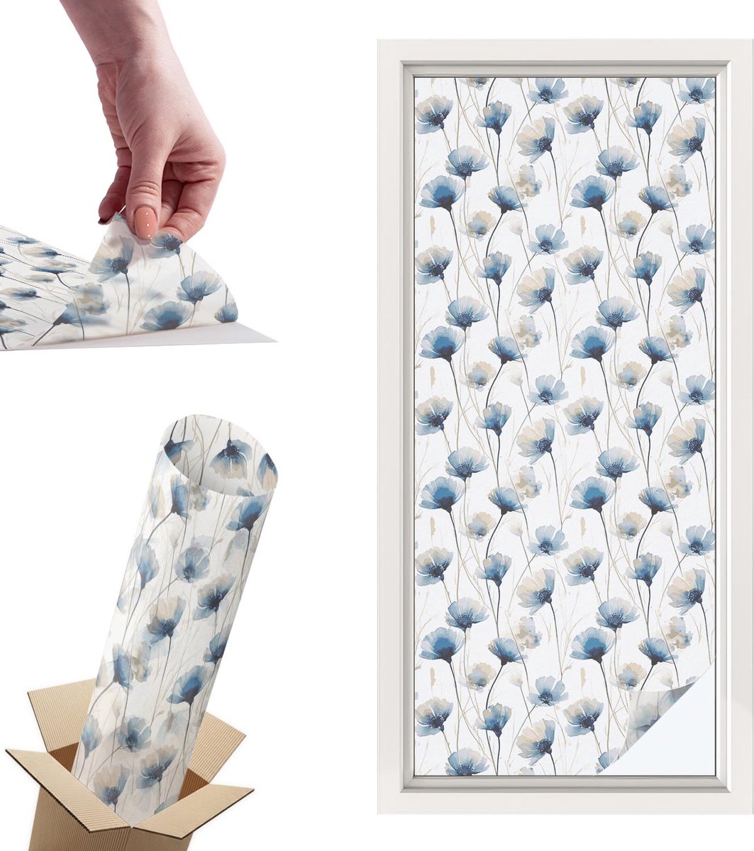 TULUP Raamfolie Anti inkijk - Blauwe bloemen Privacy Folie Raam - 50x116 cm - Wit Anti inkijk Folie - Raamfolie Tegen inkijk Glas in Lood - Voor de slaapkamer, woonkamer en badkamer. - Raamfolie Zonwering Wit - Blauwe bloemen