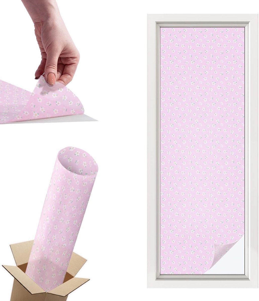 TULUP Raamfolie Anti inkijk - Bloemenpatroon Privacy Folie Raam - 50x146 cm - Roze Anti inkijk Folie - Raamfolie Tegen inkijk Glas in Lood - Voor de slaapkamer, badkamer en kledingkast. - Raamfolie Zonwering Roze - Bloemenpatroon