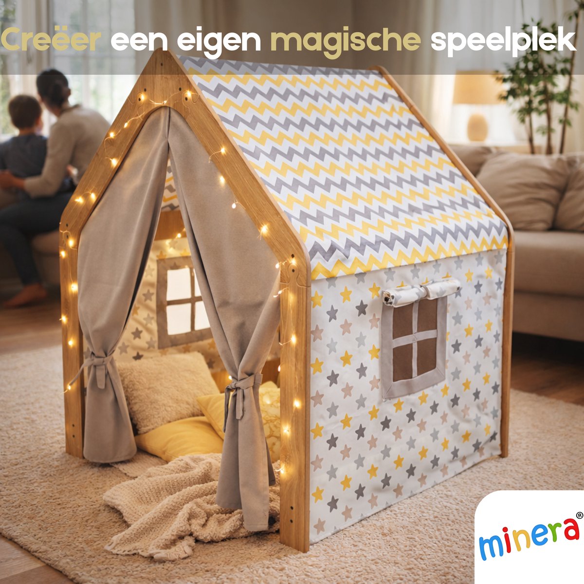 Minera® Tipi Tent - Speeltent - Jongens & Meisjes - Binnen Speelgoed - Speelhuisje voor Kinderen - Houten Kinderhuisje - Kindertent vanaf 1 tot 7 Jaar - Geel met Blauw — afbeelding 2