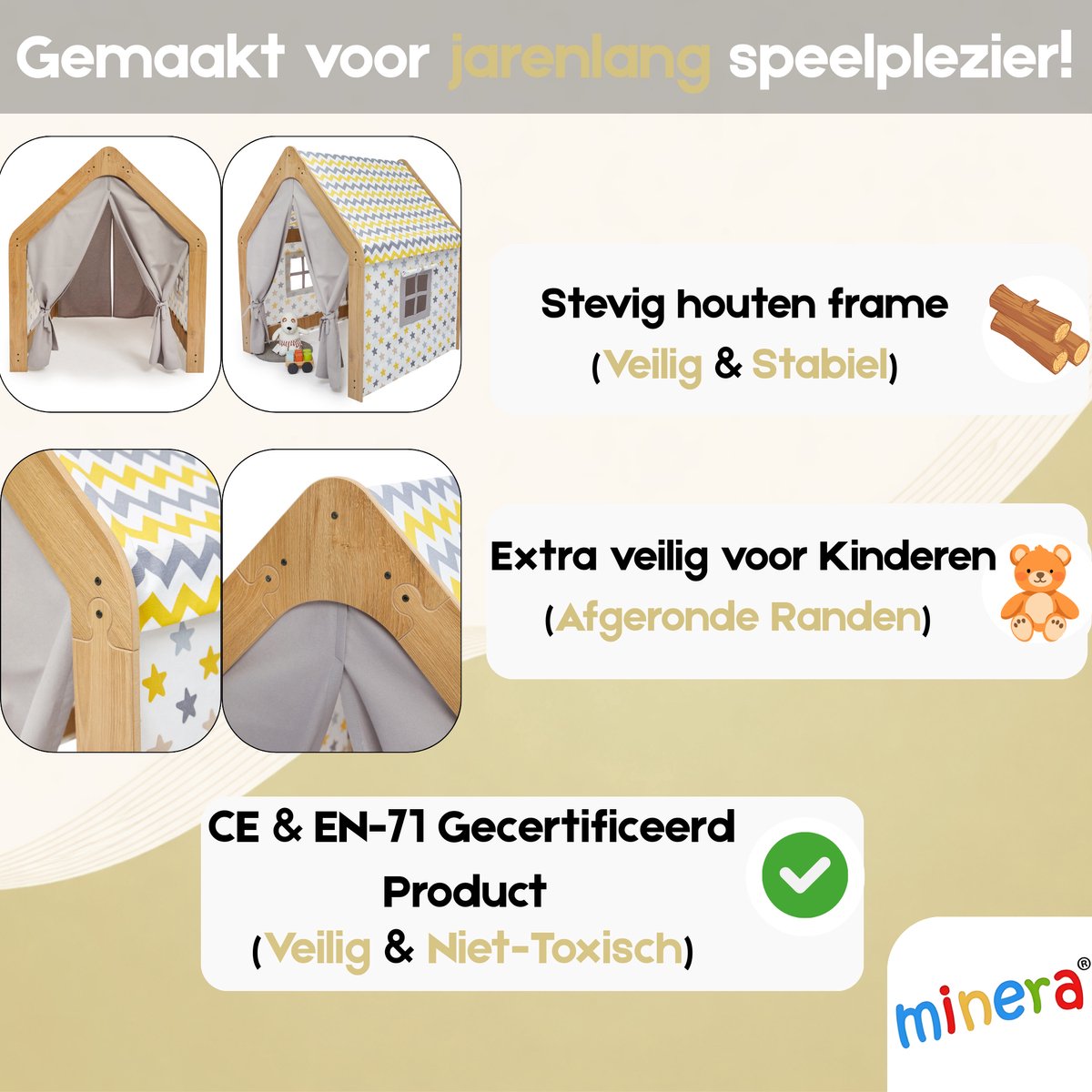 Minera® Tipi Tent - Speeltent - Jongens & Meisjes - Binnen Speelgoed - Speelhuisje voor Kinderen - Houten Kinderhuisje - Kindertent vanaf 1 tot 7 Jaar - Geel met Blauw — afbeelding 5