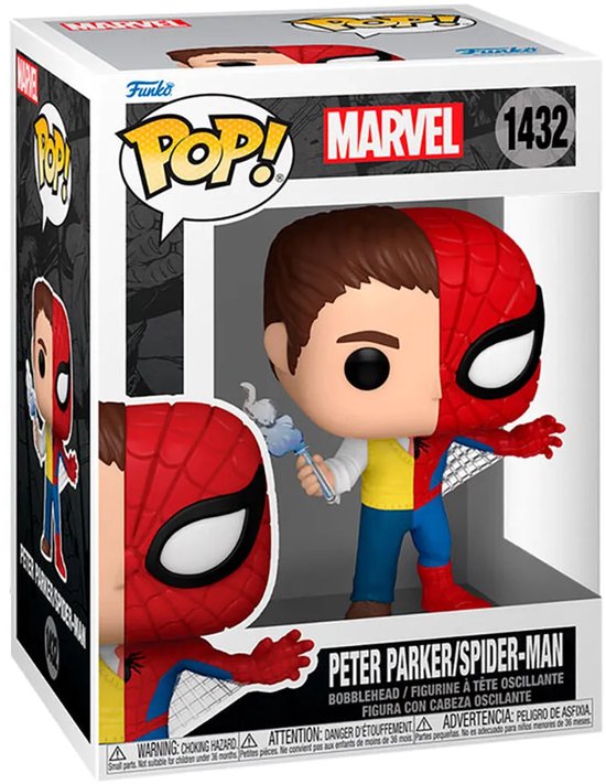 Peter Parker/Spider-Man Funko Pop #1432 met gespleten gezicht, de ene helft Peter Parker, de andere Spider-Man.