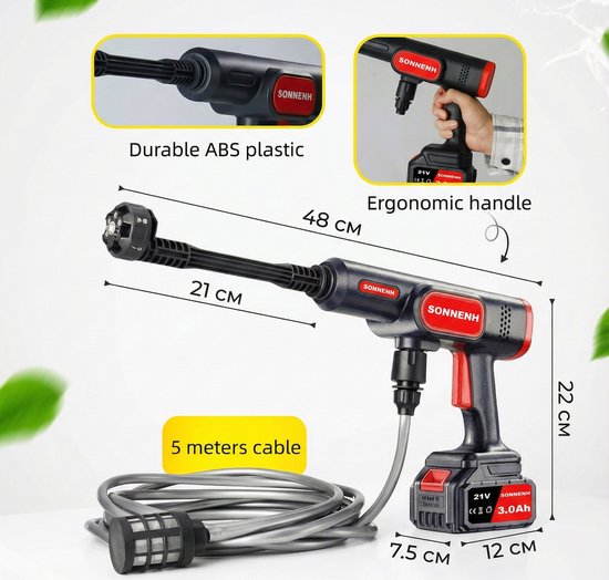 SONNENH Draadloze Hogedrukreiniger - 40 Bar - Inclusief 2x 21V 3000mAH Accu - 6-in-1 Nozzle - Draagbare Drukreiniger voor Auto, Fiets & Tuin - Complete Set met Koffer van Merkloos	 — afbeelding 2
