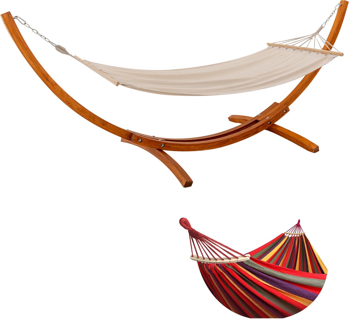 HOMAVO Hangmat met Houten Standaard, Inclusief 2 Hangmatten, Belasting 200 kg, 320×120×120 cm, Hoogte Verstelbaar, Voor Tuin, Terras en Balkon