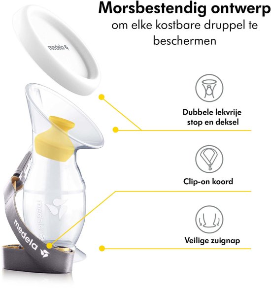 Medela melkcollector met dubbele lekvrije stop en deksel, clip-on koord en veilige zuignap.