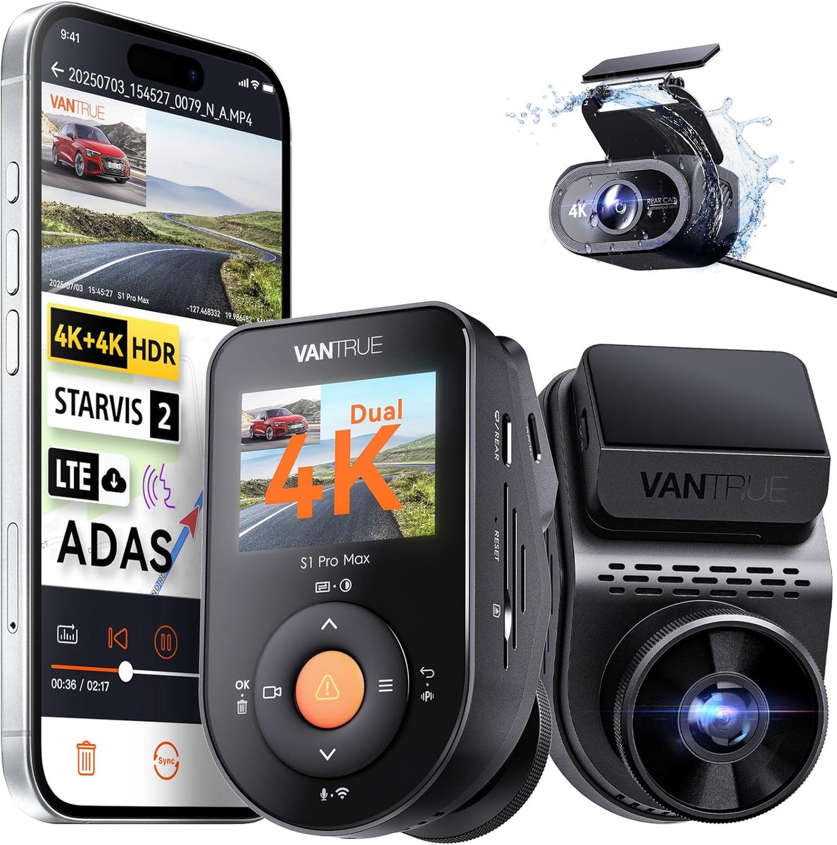 Vantrue S1 Pro Max 4K+4K (2160P+2160P) dashcam voor en achter, dubbele dashcamera met Starvis2 HDR PlatePix nachtzicht, 5 GHz WiFi, GPS, optionele Lte, parkeermodus