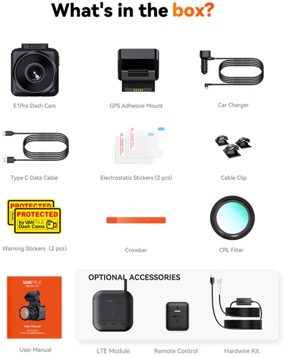 VANTRUE E1 Pro 4K Mini Dash Cam Voorkant, STARVIS 2 Plate Pix™ HDR Nachtzicht Autocamera, 5G WiFi GPS, 1,54'' scherm, LTE,Spraakbesturing, 24H Gebufferde Parkeermodus thumbnail 3