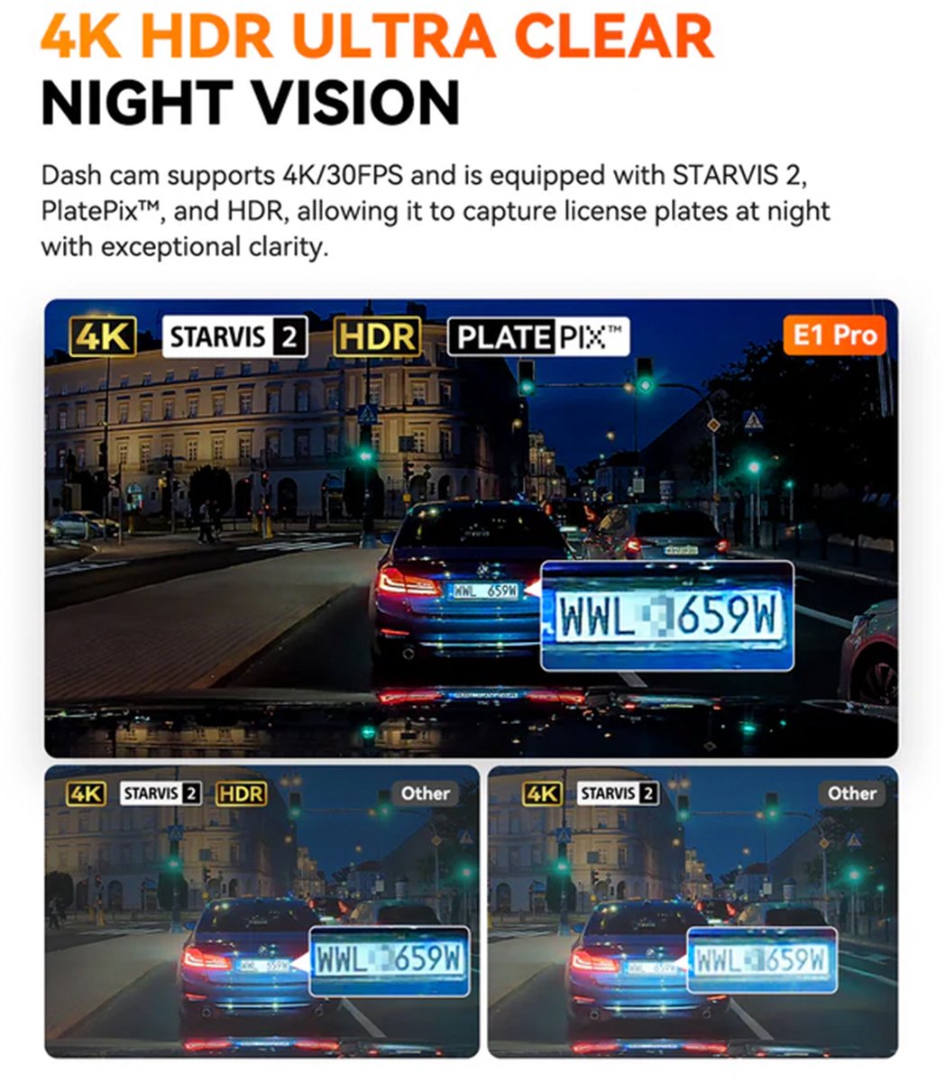 VANTRUE E1 Pro 4K Mini Dash Cam Voorkant, STARVIS 2 Plate Pix™ HDR Nachtzicht Autocamera, 5G WiFi GPS, 1,54'' scherm, LTE,Spraakbesturing, 24H Gebufferde Parkeermodus thumbnail 4
