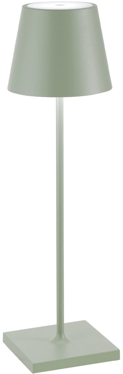 Poldina Pro Sage Green LED-tafellamp, oplaadbaar en dimbaar, met een batterijduur tot wel 12 uur. Geschikt voor buitengebruik (IP65).