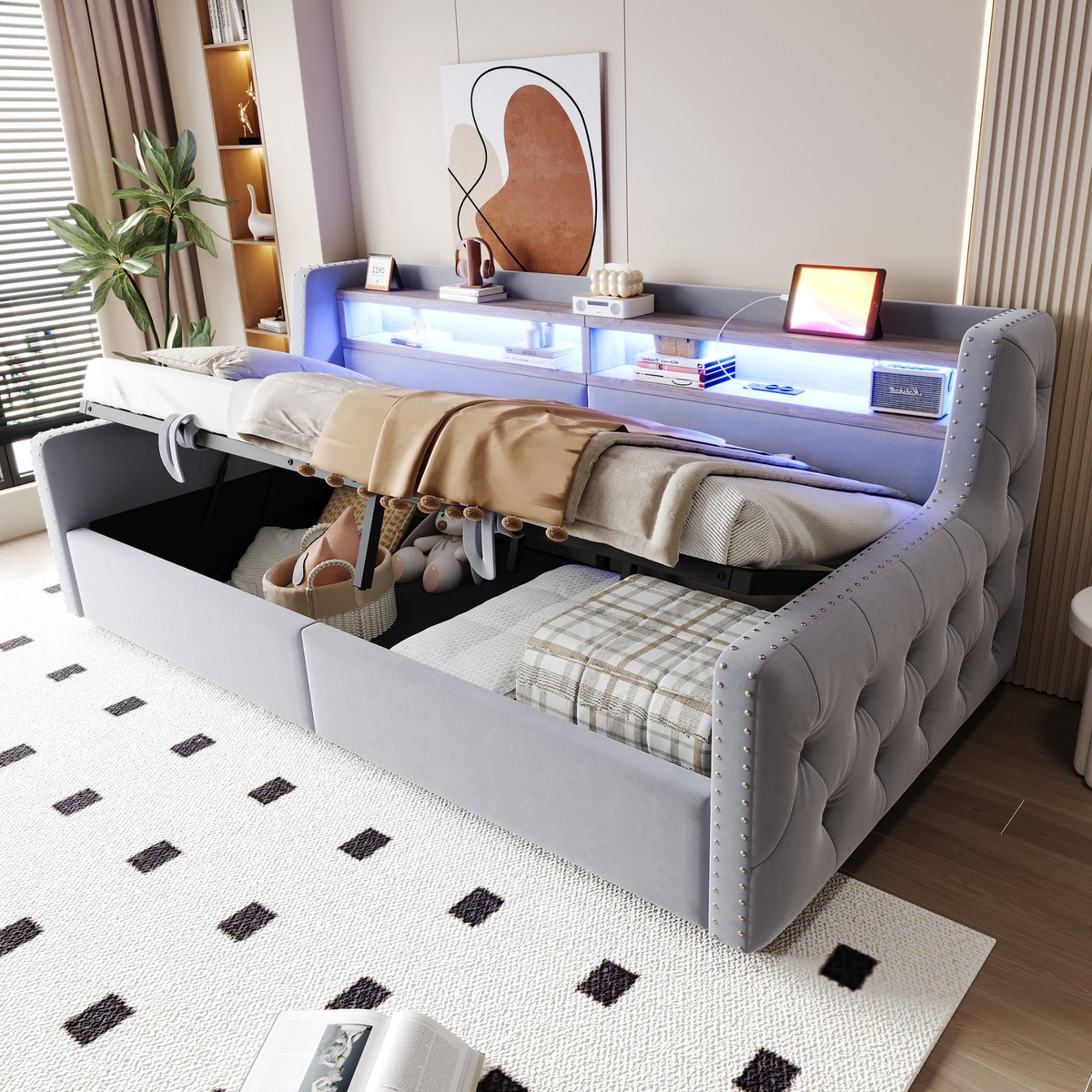 OKWISH Slaapbank 90x200 cm - Met LED, USB En Type-C - Hydraulische Opbergruimte - Met Lattenbodem - Fluweel - Lichtgrijs - Zonder matras