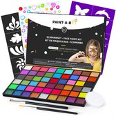 Paint-A-Boo Kinderschmink Set Pro - 54 Kleuren - incl. Penselen, Sjablonen, Spons & Glitters - Schminkset Waterbasis voor Kinderen en Volwassenen - Voor Carnaval, Halloween & Festival - 150 Gezichten - 30 Voorbeelden