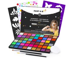 Paint-A-Boo Kinderschmink Set Pro - 54 Kleuren - incl. Penselen, Sjablonen, Spons & Glitters - Schminkset Waterbasis voor Kinderen en Volwassenen - Voor Carnaval, Halloween & Festival - 150 Gezichten - 30 Voorbeelden