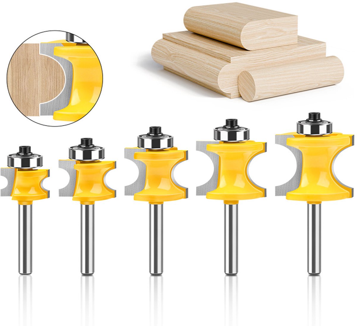 5-delige set halfronde freesjes met 8 mm schacht, geschikt voor houtbewerking, halfronde frezen voor graveermachines en houtbewerking.