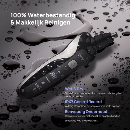 Zwarte Fayd Pro neustrimmer op een nat oppervlak met waterdruppels. 100% waterbestendig & Makkelijk Reinigen.